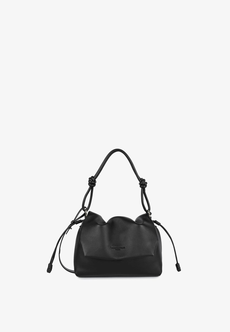 Sac à main en cuir noir avec poignées nouées et cordons latéraux, forme souple, taille compacte, avec logo embossé de la marque sur le devant.