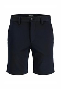 Shorts pour hommes noirs, ajustés, avec passants pour ceinture, fermeture par bouton et poches avant, présentés sur un fond blanc.