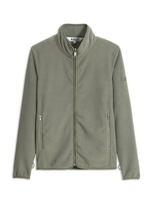 Hellgrüne Fleecejacke mit Stehkragen, Reißverschluss vorne, seitlichen Reißverschlusstaschen und langen Ärmeln.