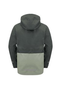 Wasserdichte Jacke in Dunkelgrau mit einem grünen unteren Abschnitt. Verfügt über eine Kapuze, elastische Bündchen und einen reflektierenden Streifen auf der Rückentasche.