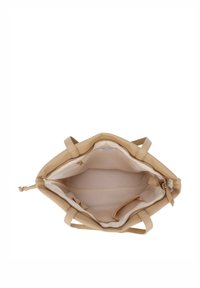 Beige tote bag med en åben lynlås, der har dobbelt håndtag, en blød indvendig foring og flere rum til organisering.