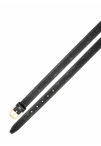 Czarny skórzany pasek z wytłaczanymi kwiatowymi wzorami, białym przeszyciem i złotym metalowym klamrą z wieloma otworami do regulacji.