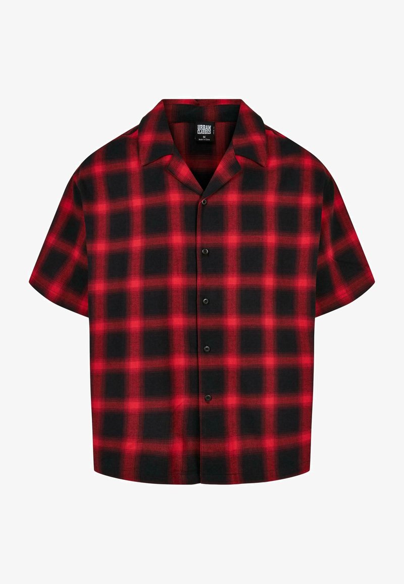 Krátky rukáv, košeľa na gombíky v červenej a čiernej kárované vzore, vyrobená z ľahkej tkaniny, s rozšíreným golierom a šiestimi čiernymi gombíkmi.