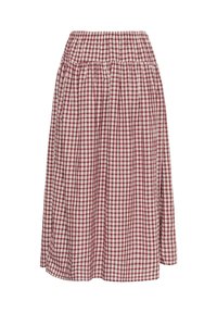 Jupe midi à carreaux rouge et blanc avec taille élastique et détails froncés, coupe ample et tissu léger.