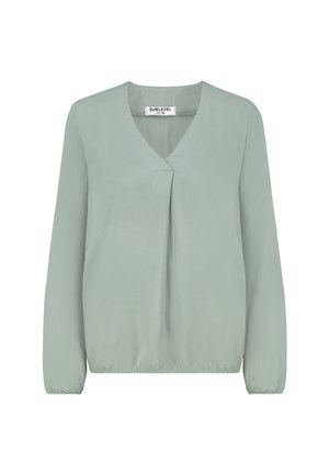 Long-sleeve sage green blouse with V-neck, front pleat detail, elasticated cuffs and hem, size medium by Sublevel.