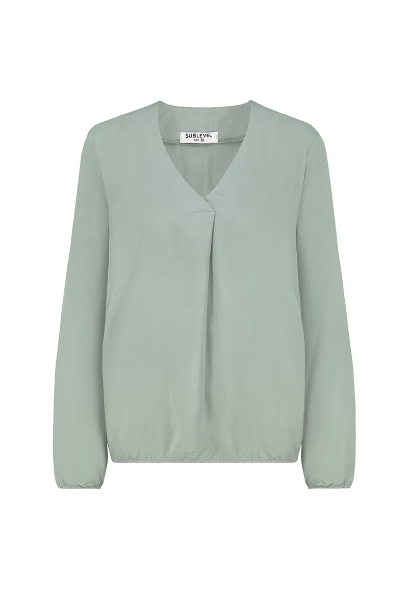 Long-sleeve sage green blouse with V-neck, front pleat detail, elasticated cuffs and hem, size medium by Sublevel.