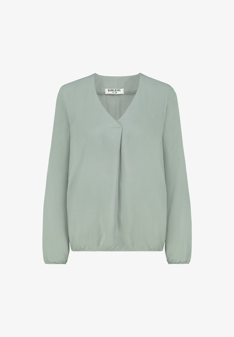 Long-sleeve sage green blouse with V-neck, front pleat detail, elasticated cuffs and hem, size medium by Sublevel.