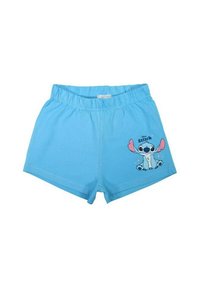 Shorts en coton bleu clair avec une taille élastique. Présente un imprimé coloré d'un personnage de dessin animé sur le côté gauche.
