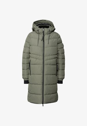 Abrigo largo de plumas en verde olivo, con capucha, cierre frontal, bolsillos laterales y puños acanalados. Patrón acolchado texturizado en toda su superficie.