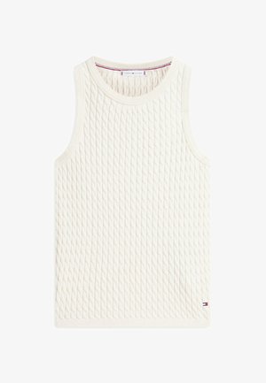 Kremfarvet ærmeløs kabelstrikket sweatervest med rund hals og lille Tommy Hilfiger-logo nær nederste kant.