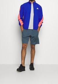 Chaqueta deportiva azul y rosa con cremallera, camiseta gris, pantalones cortos turquesa y zapatillas negras. Cuenta con puños elásticos y un corte clásico.