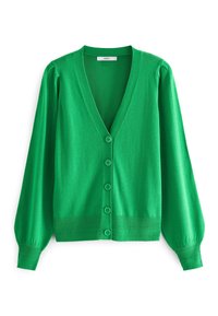Cardigan verde realizzato in morbido tessuto a maglia. Presenta un profondo scollo a V, maniche lunghe a sbuffo e sei bottoni coordinati lungo la parte anteriore.
