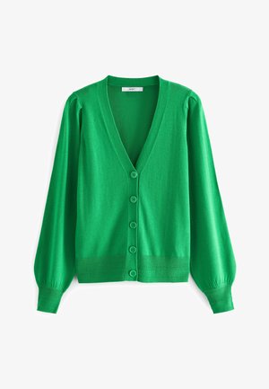 Cardigan vert en tricot doux. Il présente un décolleté en V profond, des manches longues ballons et six boutons assortis sur le devant.