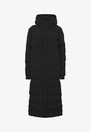 Dlouhá černá péřová bunda s kapucí, s prošívaným designem, patentkami a elastickými manžetami. Hladká textura, délka po kolena.