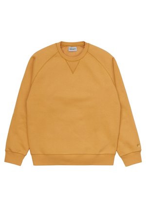 Sennepsgul crewneck-sweatshirt med ribstrikkede manchetter og kant, synlige syninger og et lille logo på den venstre ærmekant.