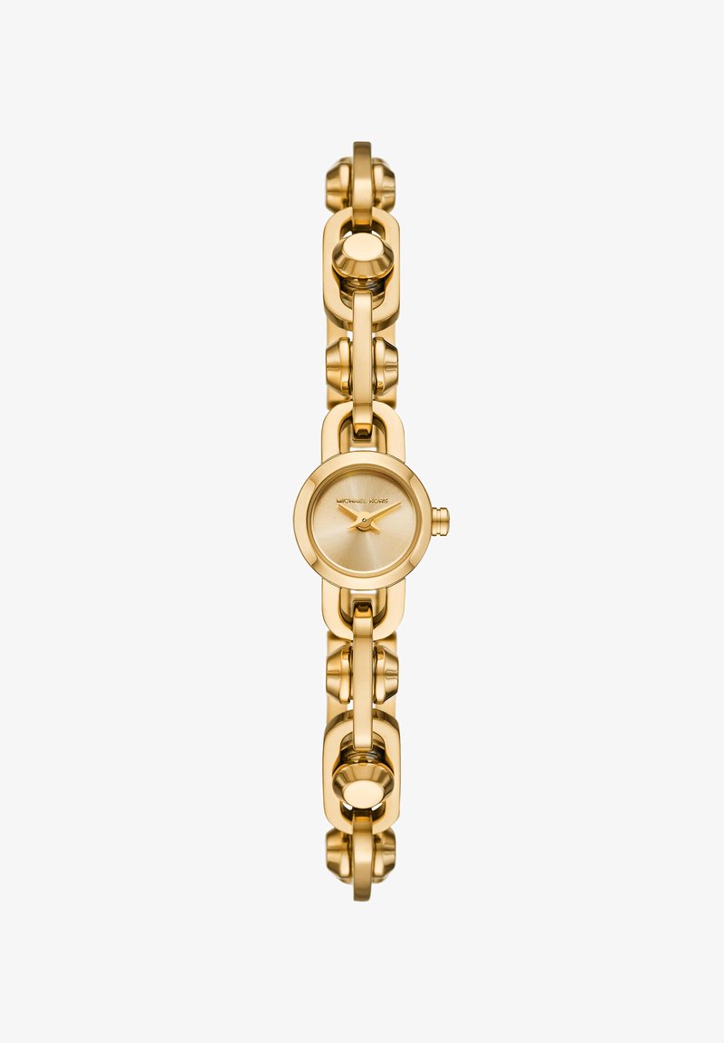 Montre bracelet chaîne ton or avec petit cadran rond et aiguilles minimalistes, estampillée Michael Kors sur le cadran.