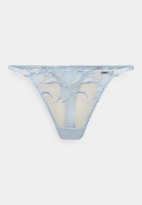 Ανοιχτό μπλε διάφανο δαντελένιο στρινγκ με κεντήματα λουλουδιών και ρυθμιζόμενα πλαϊνά λουράκια πάνω σε λευκό φόντο.