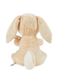 Plush bunny toy, light beige, with soft fur texture, large floppy ears, rounded body, and a small white tail. Tag visible at base.
