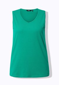 Haut sans manches vert avec un col en V, fabriqué à partir d'un tissu lisse, présentant une coupe régulière et un ourlet droit.