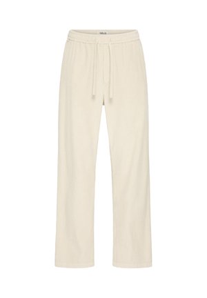 Svetlo bež hlače iz žameta z ravnim krojem hlačnic, elastičnim pasom in nastavljivim vrvico za zavezovanje. Mehka tekstura s subtilnim rebrastim vzorcem.