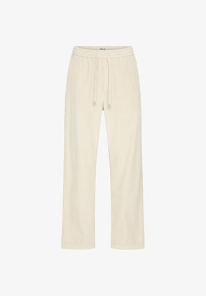 Light beige corduroy pants with a straight leg design, elastic waistband, and adjustable drawstring. Soft texture with subtle ribbed pattern.