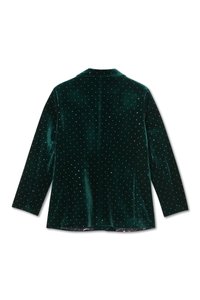 Green velvet coat with a smooth texture, featuring a dotted pattern of small, shiny accents. Long sleeves and a classic collar.