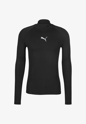 Black long-sleeve athletic shirt with a high collar, made of stretchy material, featuring a small white Puma logo on the chest.