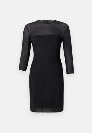 Black fitted dress with a round neckline, three-quarter sleeves, and structured bodice. Made of smooth fabric with a sheer neckline panel.