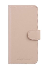 Billetera de teléfono de cuero rosa claro con bordes cosidos, un cierre a presión en la parte derecha, y "IDEAL OF SWEDEN" grabado en el centro inferior.