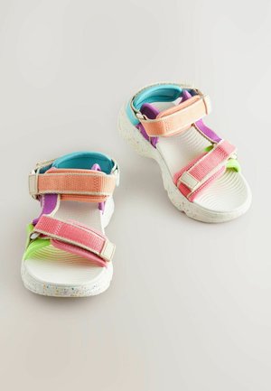 Bunte Sandalen mit einer weißen strukturierten Fußbett, verstellbaren Riemen in Pink, Orange, Lila und Grün sowie einer gesprenkelten Sohle.