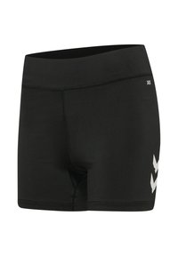Schwarze Sportshorts mit breitem Bund, weißen Chevron-Streifen am rechten Oberschenkel und kleinem "XK"-Logo nahe oben.