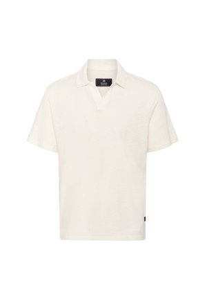 Rövid ujjú póló ing tört fehér anyagból, sekély V-nyakkivágással, puha tapintással és diszkrét logócímkével az alján.
