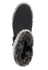 Svart känga med rund tå och fuskpälsfoder runt kragen. Har en texturerad yta och en robust vit sula.