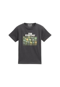 Camiseta de algodón gris oscuro con un gráfico colorido de varios personajes de dibujos animados y el texto "DIVERSION CADA DÍA" arriba. Manga corta, cuello redondo.