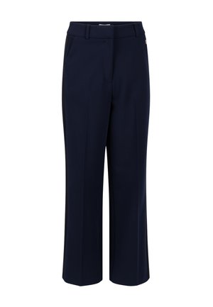 Marineblaue gerade geschnittene Hose mit Gürtelschlaufen, seitlichen Taschen und einem schwarzen Streifen, der entlang der Außennaht jedes Beins verläuft.