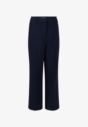 Pantalons droit bleu marine avec passants de ceinture, poches latérales et une bande noire sur la couture extérieure de chaque jambe.