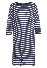 Gestreifte Tunika in Marineblau und Weiß mit kurzen Dolmanärmeln, seitlichen Schlitzen und einem runden Ausschnitt, aus einem weichen, atmungsaktiven Stoff.