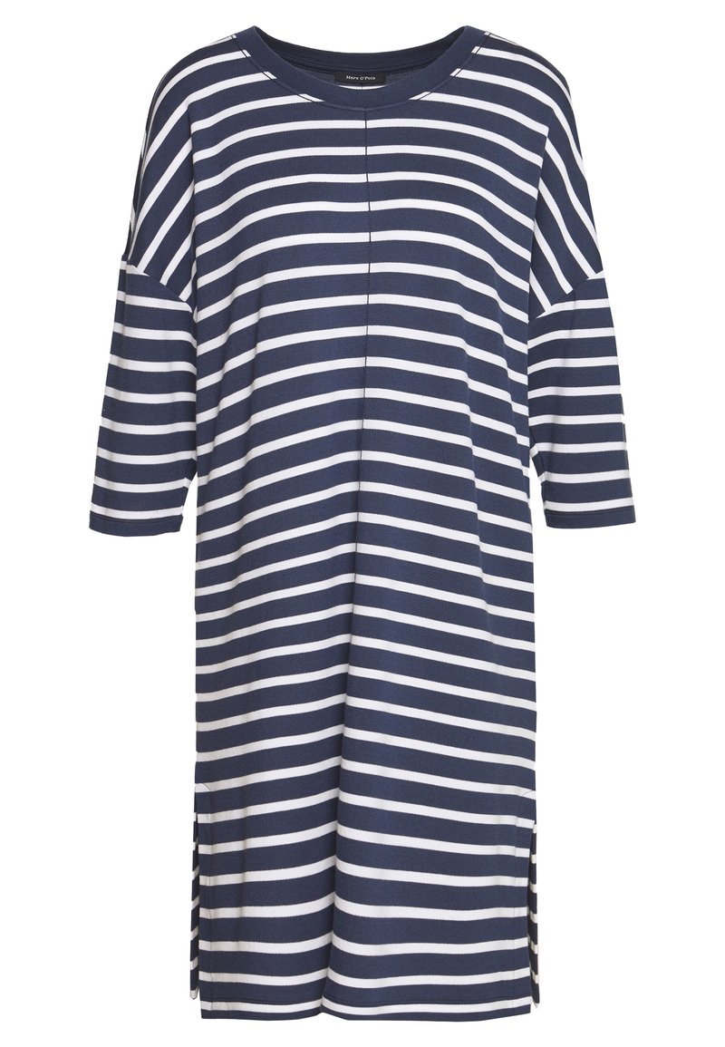 Gestreifte Tunika in Marineblau und Weiß mit kurzen Dolmanärmeln, seitlichen Schlitzen und einem runden Ausschnitt, aus einem weichen, atmungsaktiven Stoff.