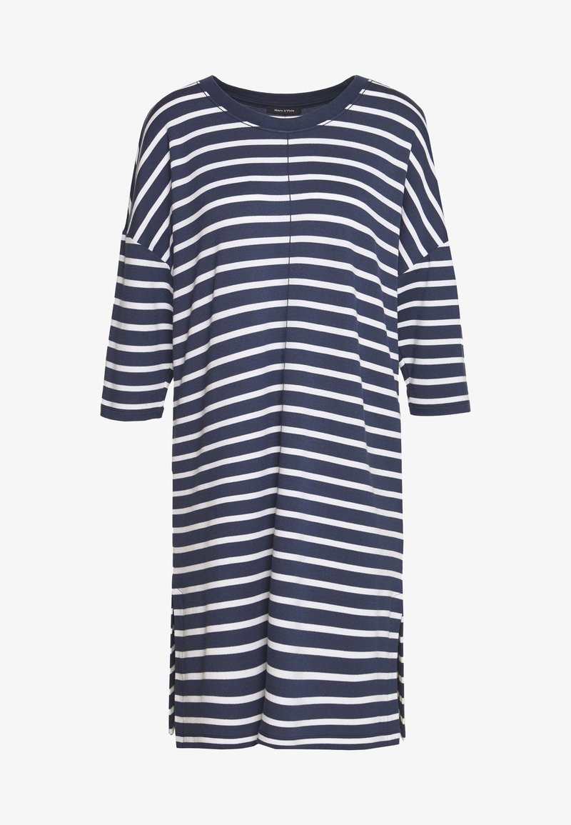 Gestreifte Tunika in Marineblau und Weiß mit kurzen Dolmanärmeln, seitlichen Schlitzen und einem runden Ausschnitt, aus einem weichen, atmungsaktiven Stoff.