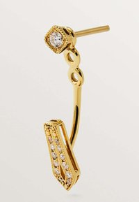 Pendiente de oro con un diseño rectangular y abierto que presenta piedras preciosas claras alternas. El poste incluye un pequeño acento cuadrado con una piedra preciosa.