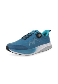 Chaussure de sport bleue avec une tige en maille, des accents noirs et un cadran circulaire pour le serrage. Caractéristiques d'une semelle texturée et d'un design lisse et courbé.