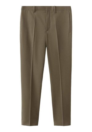 Tailored trousers in a medium olive green color, made from a smooth fabric with a straight cut, featuring front pleats and side pockets.