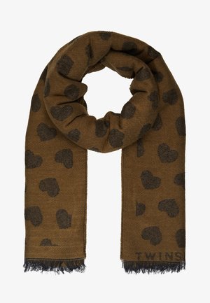 Écharpe en laine marron avec des motifs de cœurs noirs et des bords frangés, pliée en boucle avec le texte "TWINS" près du bord inférieur.