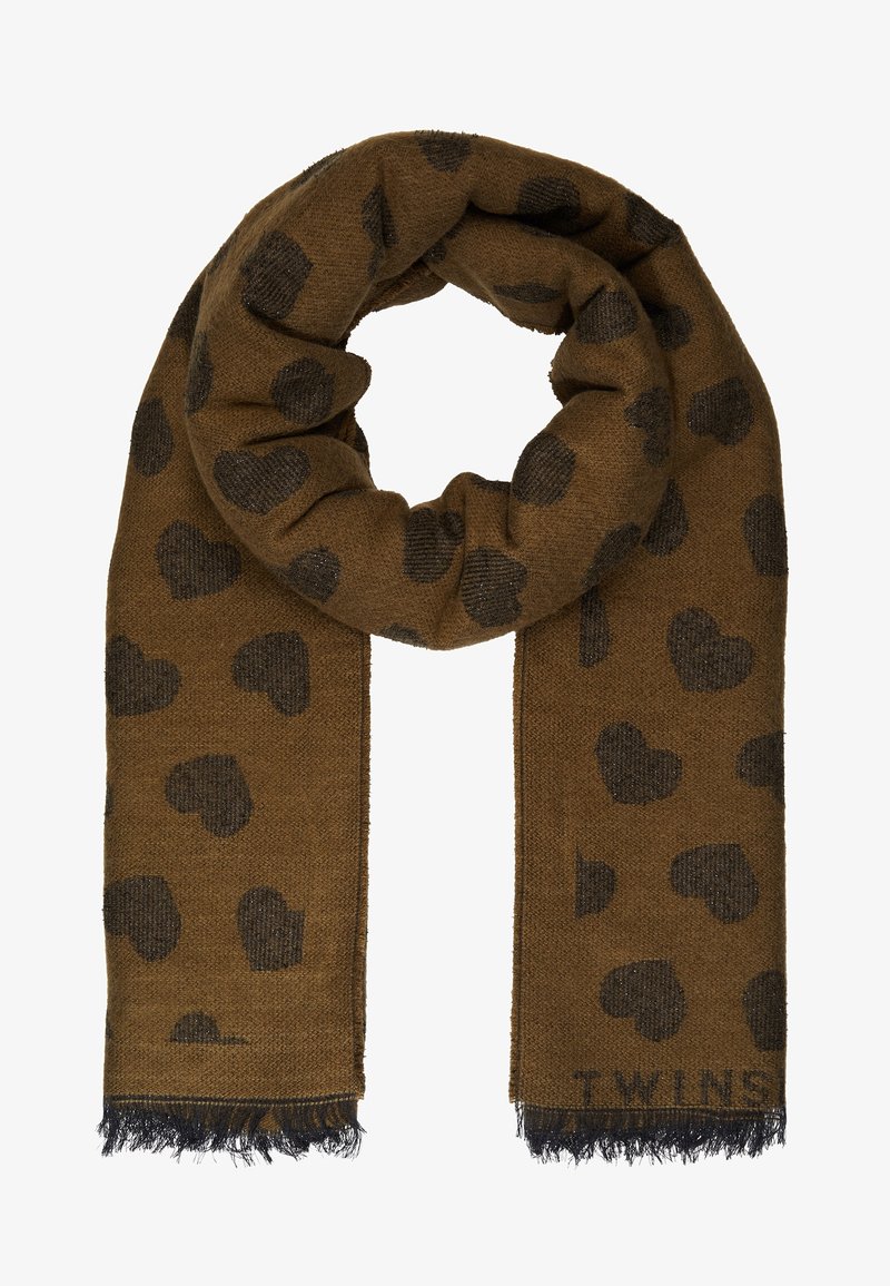 Écharpe en laine marron avec des motifs de cœurs noirs et des bords frangés, pliée en boucle avec le texte "TWINS" près du bord inférieur.