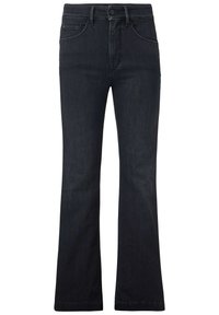Jeans flare en denim wash foncé. Caractéristiques d'un design classique à cinq poches, fermeture à bouton et une finition légèrement texturée.