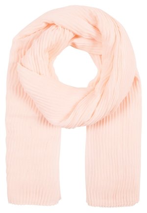 Zachte, lichtroze geplooide sjaal, losjes omgeslagen met twee hangende uiteinden, gladde textuur, lichtgewicht stof.
