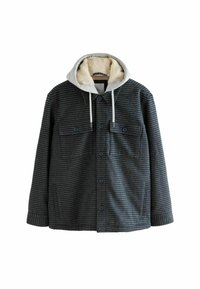 Karierter Jaket aus Marineblau und Grau, mit einem grau gefütterten Fellkapuze, zwei Fronttaschen und Knopfverschluss.