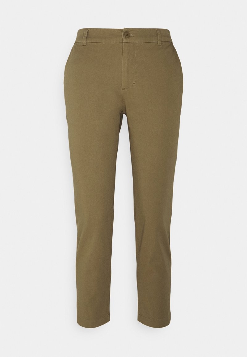 Pantalon droit couleur kaki avec fermeture à bouton et zip à l'avant, passants pour ceinture, et une coupe lisse et ajustée.
