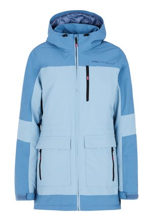 Lichtblauwe parka met donkerblauwe accenten, voorzien van een ritssluiting, meerdere zakken en een capuchon. Gemaakt van weerbestendig materiaal.