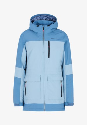 Lichtblauwe parka met donkerblauwe accenten, voorzien van een ritssluiting, meerdere zakken en een capuchon. Gemaakt van weerbestendig materiaal.
